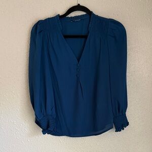 T Tahari Deep Teal V-Neck Smocked Shoulder & Cuff Blouse NWOT